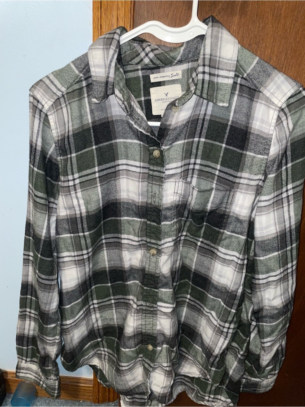 American Eagle Outfitters Green and White Plaid Button-Down Shirt